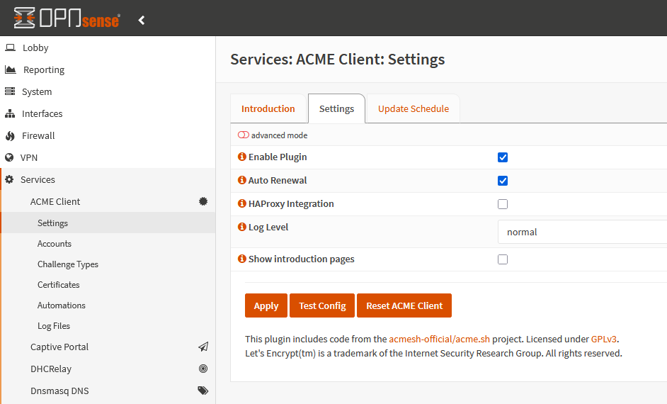 Settings ACME dans OPNsense