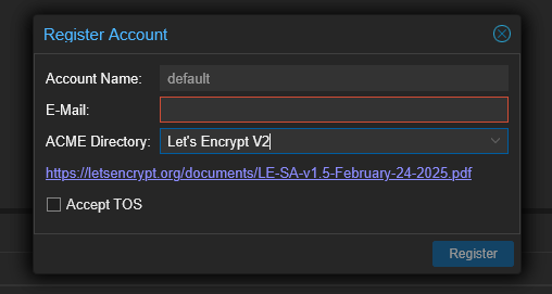 Enregistrement du compte pour ACME