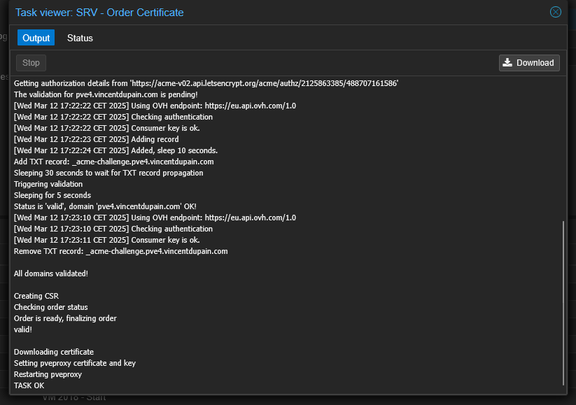 Logs lors de la génération du certificat
